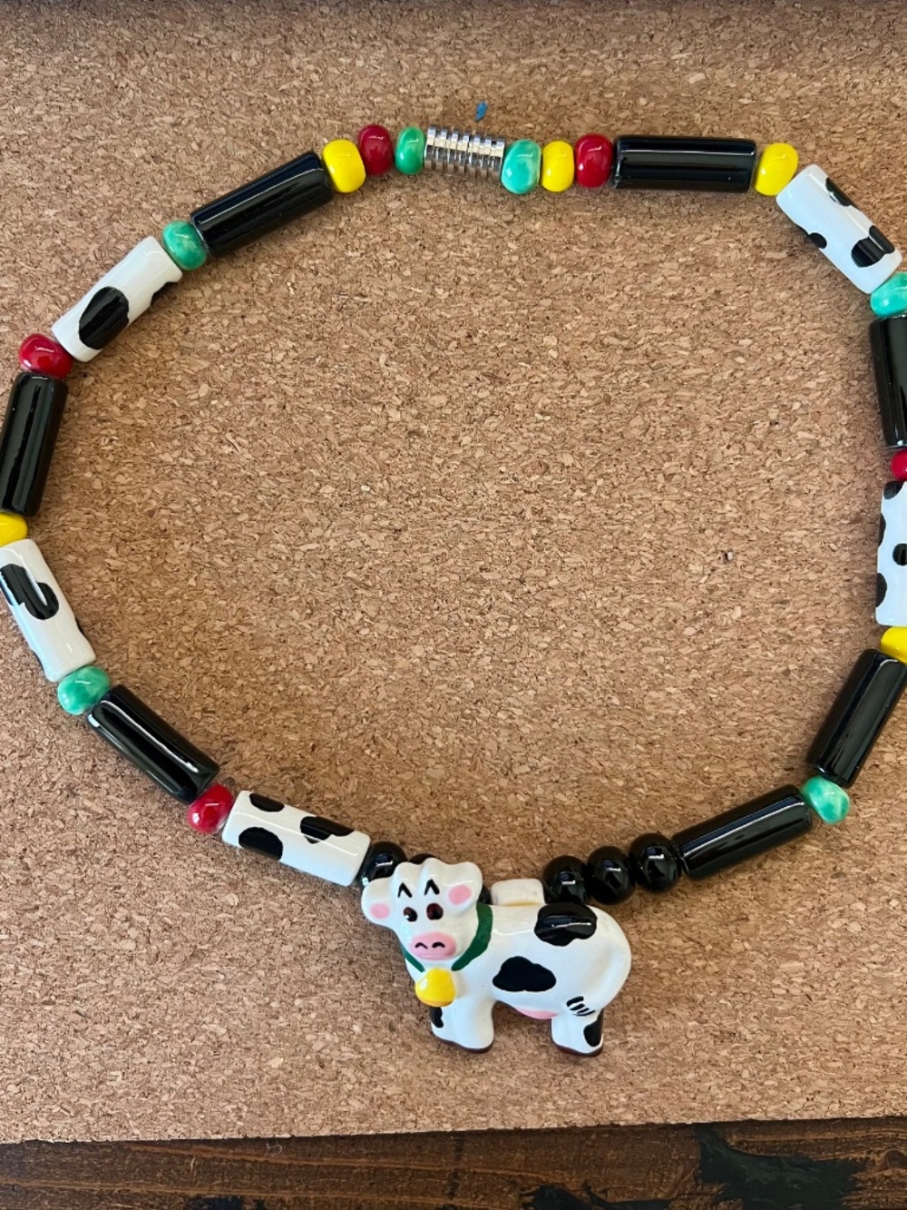 Vintage Flying Colors Ceramic Cow Necklace Signed 80s Statement